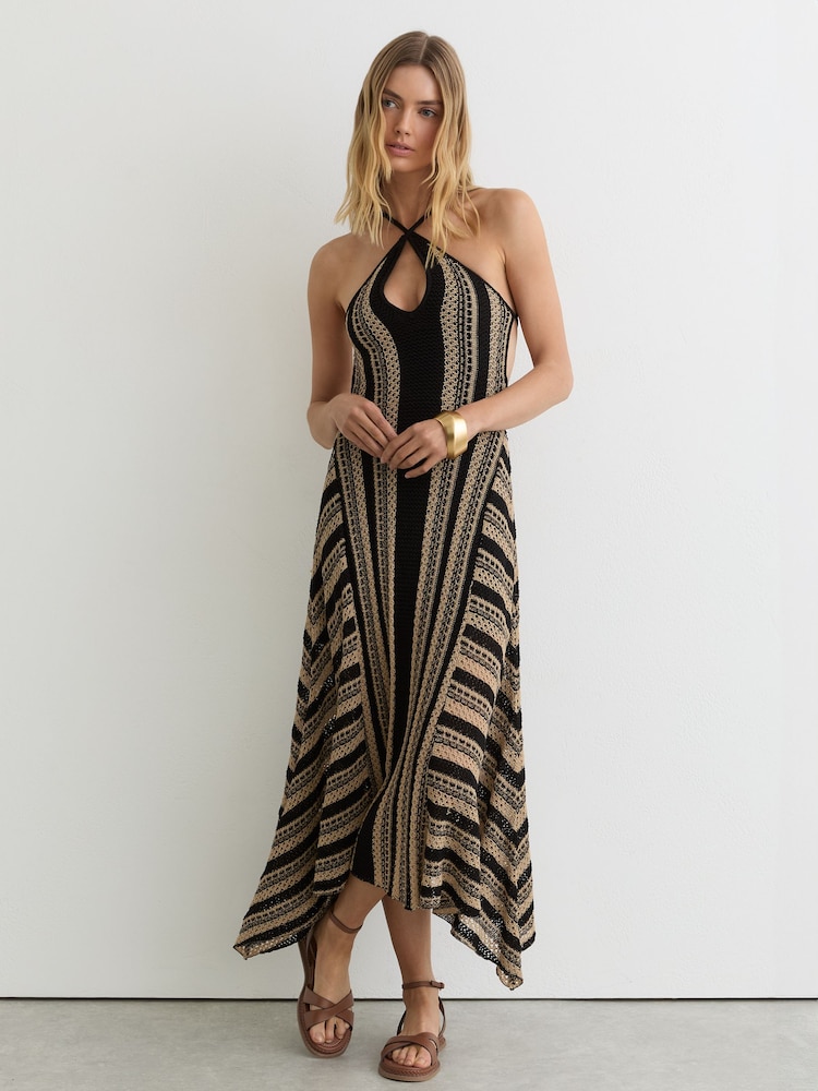 Reiss Black/Neutral Annie Stripe Crochet-Knit Tie-Back Maxi Dress - Image 1 of 7