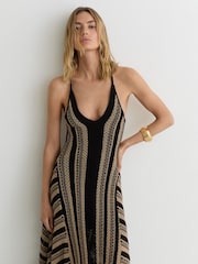 Reiss Black/Neutral Annie Stripe Crochet-Knit Tie-Back Maxi Dress - Image 5 of 7