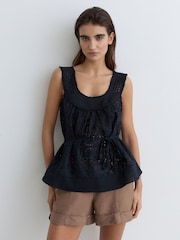 Reiss Navy Larna Cotton Broderie Anglaise Cami Top - Image 1 of 6