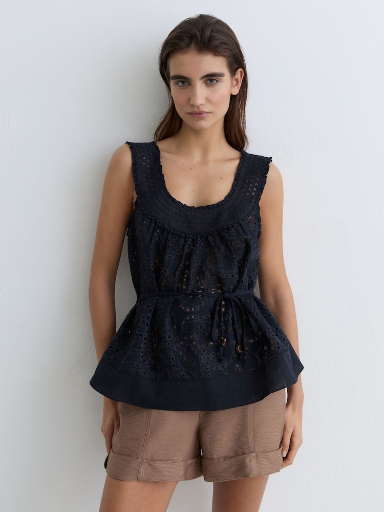 Reiss Navy Larna Cotton Broderie Anglaise Cami Top - Image 1 of 6