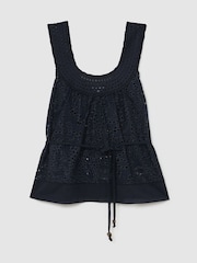 Reiss Navy Larna Cotton Broderie Anglaise Cami Top - Image 2 of 6