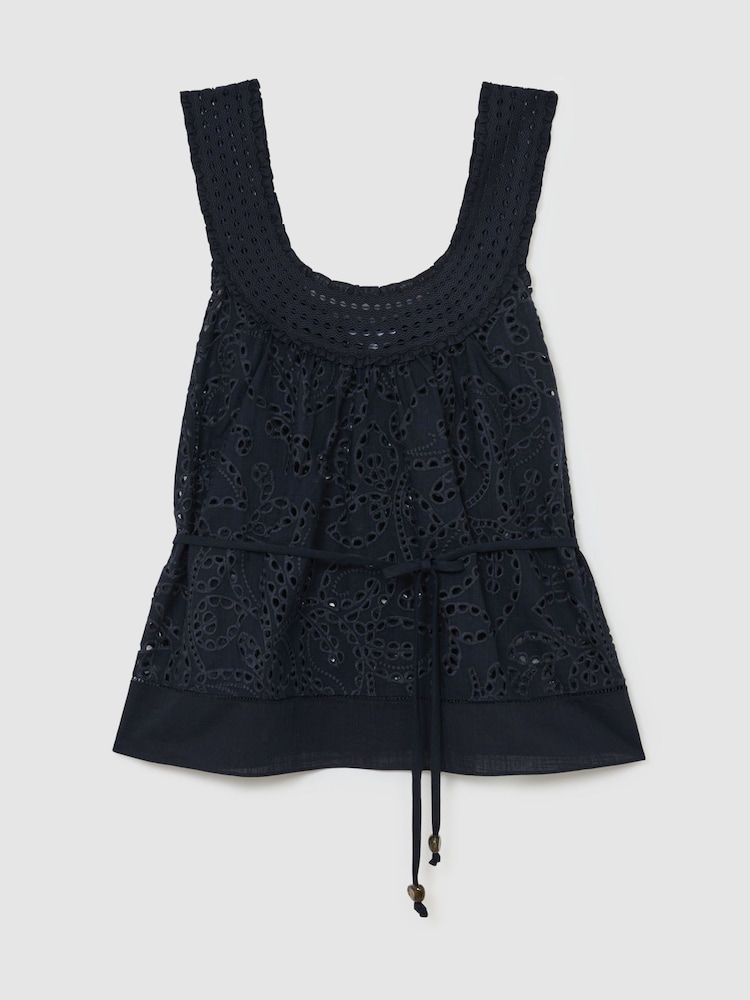 Reiss Navy Larna Cotton Broderie Anglaise Cami Top - Image 2 of 6