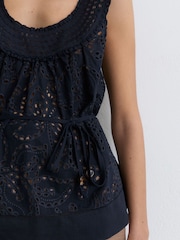 Reiss Navy Larna Cotton Broderie Anglaise Cami Top - Image 3 of 6