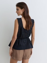Reiss Navy Larna Cotton Broderie Anglaise Cami Top - Image 5 of 6