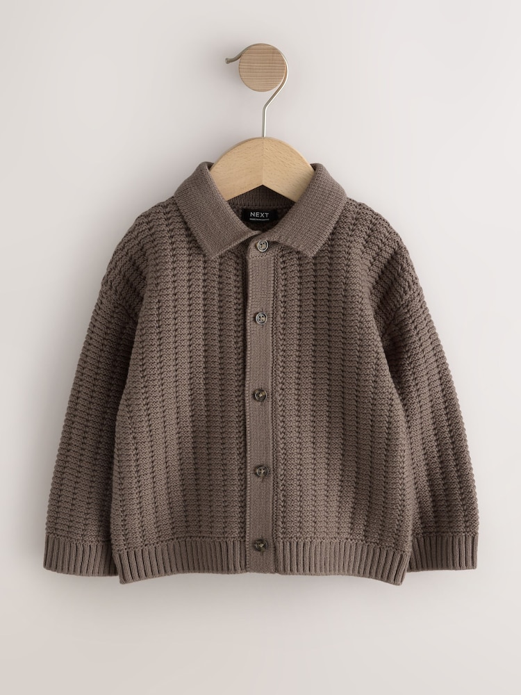 Mink Brown Button Through Knitted Polo Shirt (3mths-7yrs) - Image 1 of 4