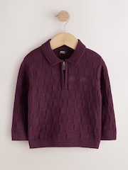 Plum Purple Textured Knitted Zip Neck Polo Shirt (3mths-7yrs) - Image 1 of 4