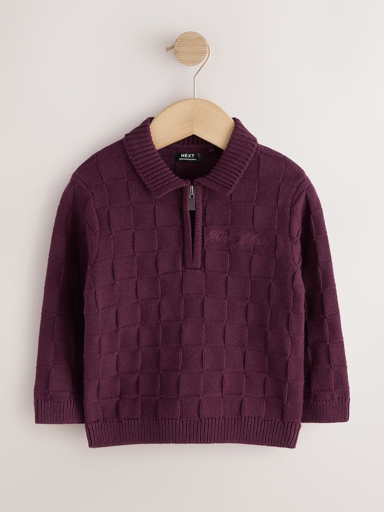 Plum Purple Textured Knitted Zip Neck Polo Shirt (3mths-7yrs) - Image 1 of 4 Plum Purple Textured Knitted Zip Neck Polo Shirt (3mths-7yrs) - Image 1 of 4