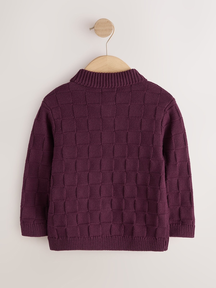 Plum Purple Textured Knitted Zip Neck Polo Shirt (3mths-7yrs) - Image 2 of 4 Plum Purple Textured Knitted Zip Neck Polo Shirt (3mths-7yrs) - Image 2 of 4