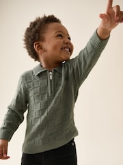 Green Textured Knitted Zip Neck Polo Shirt (3mths-7yrs) - Image 1 of 8