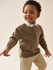 Tan Brown Contrast Collar Button Neck Knitted Polo Shirt (3mths-7yrs) - Image 1 of 8