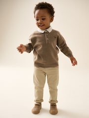 Tan Brown Contrast Collar Button Neck Knitted Polo Shirt (3mths-7yrs) - Image 2 of 8