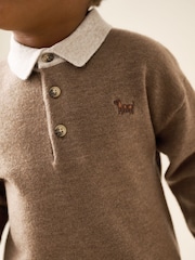 Tan Brown Contrast Collar Button Neck Knitted Polo Shirt (3mths-7yrs) - Image 4 of 8