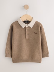 Tan Brown Contrast Collar Button Neck Knitted Polo Shirt (3mths-7yrs) - Image 5 of 8