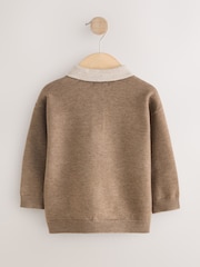 Tan Brown Contrast Collar Button Neck Knitted Polo Shirt (3mths-7yrs) - Image 6 of 8