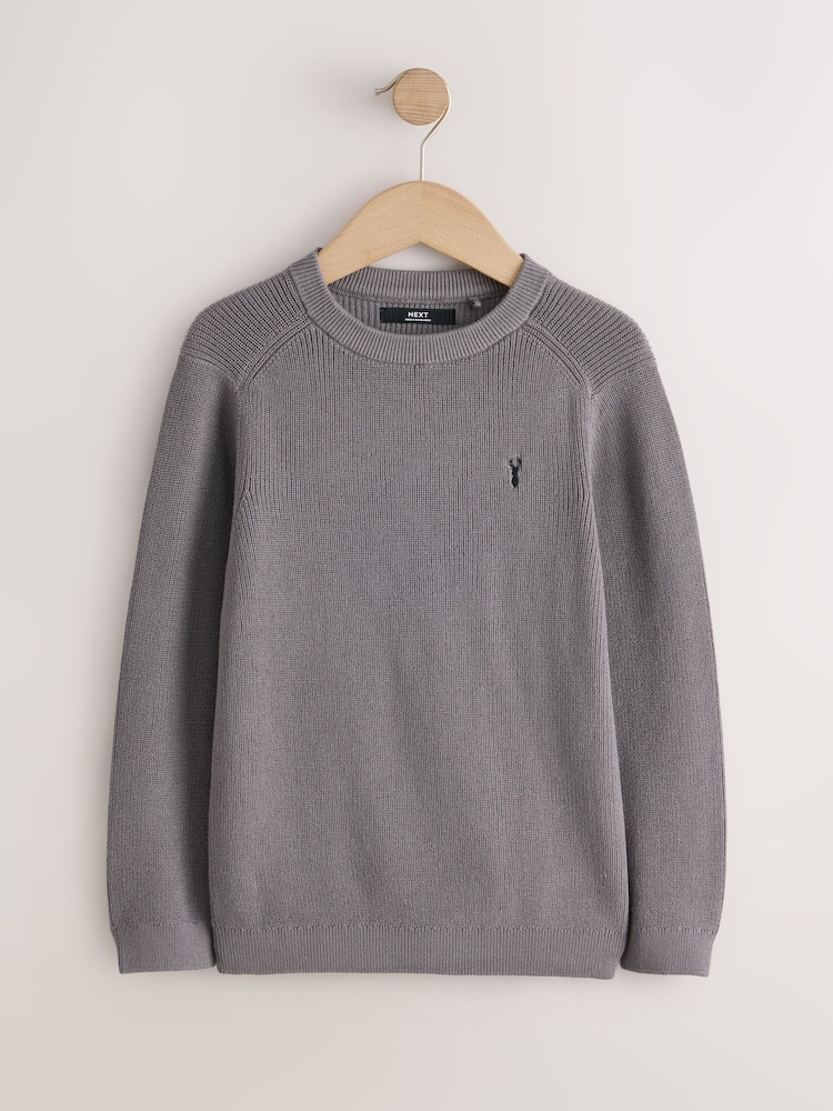 Charcoal Mid With Stag Cotton Crew Neck Knitted Jumper (3-16yrs) - Image 1 of 4 Charcoal Mid With Stag Cotton Crew Neck Knitted Jumper (3-16yrs) - Image 1 of 4