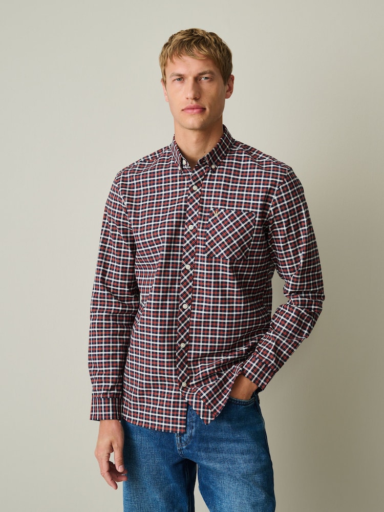 Navy/Red Stretch Oxford Check Long Sleeve Shirt - Image 1 of 5