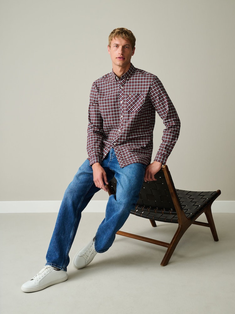 Navy/Red Stretch Oxford Check Long Sleeve Shirt - Image 2 of 5