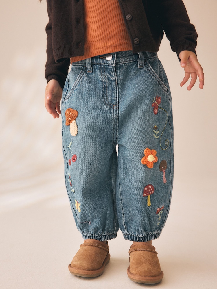 Mushroom/ Floral Embroidered Barrel Jeans (3mths-7yrs) - Image 1 of 4