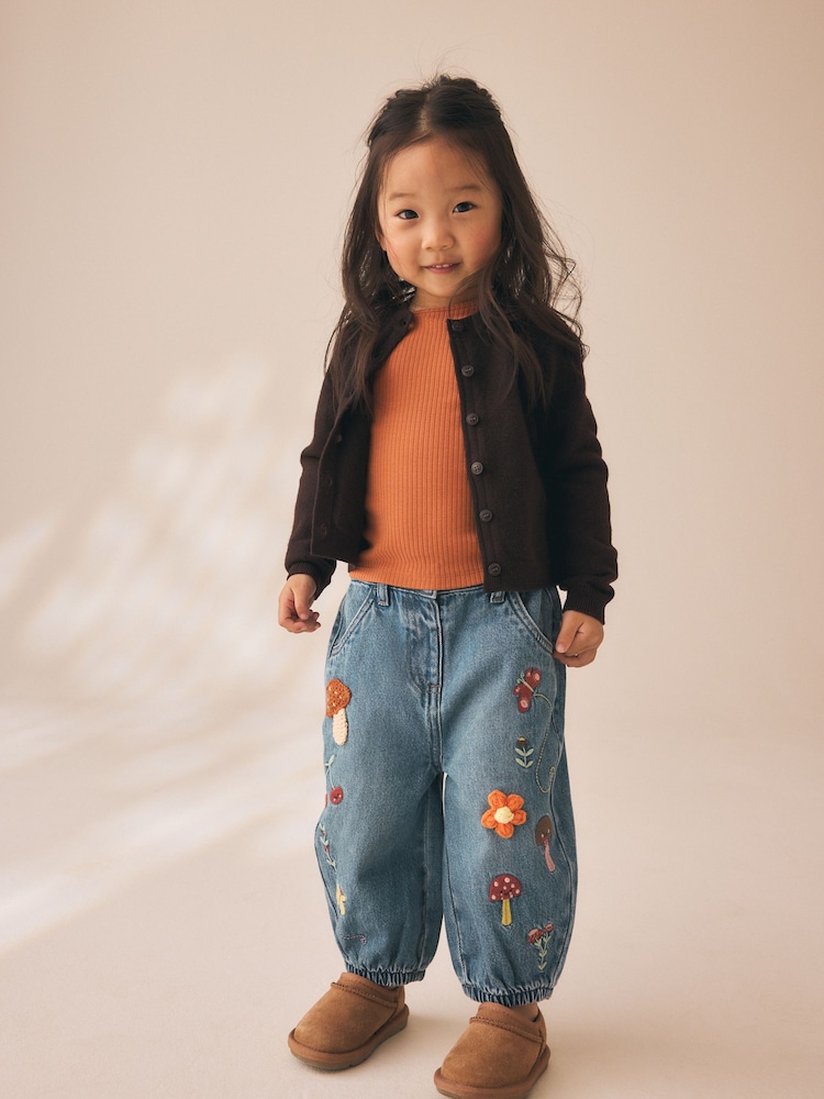 Mushroom/ Floral Embroidered Barrel Jeans (3mths-7yrs) - Image 2 of 4