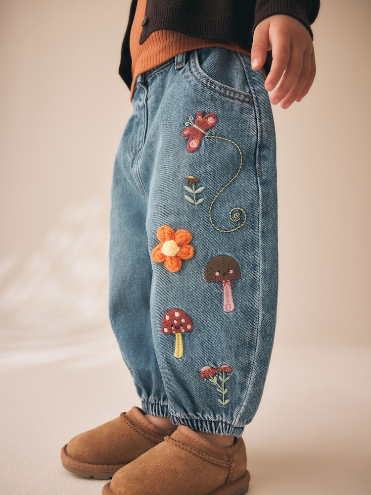Mushroom/ Floral Embroidered Barrel Jeans (3mths-7yrs) - Image 4 of 4
