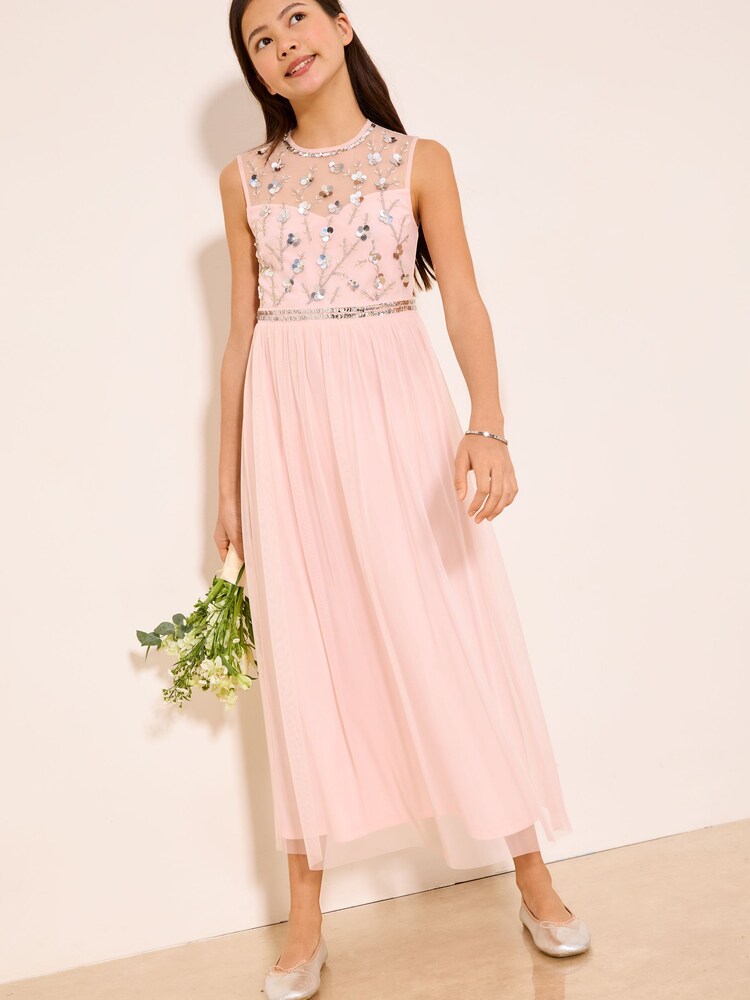 Lipsy Pink Embellished Mesh Occasion Dress (7-16yrs) - Image 1 of 5