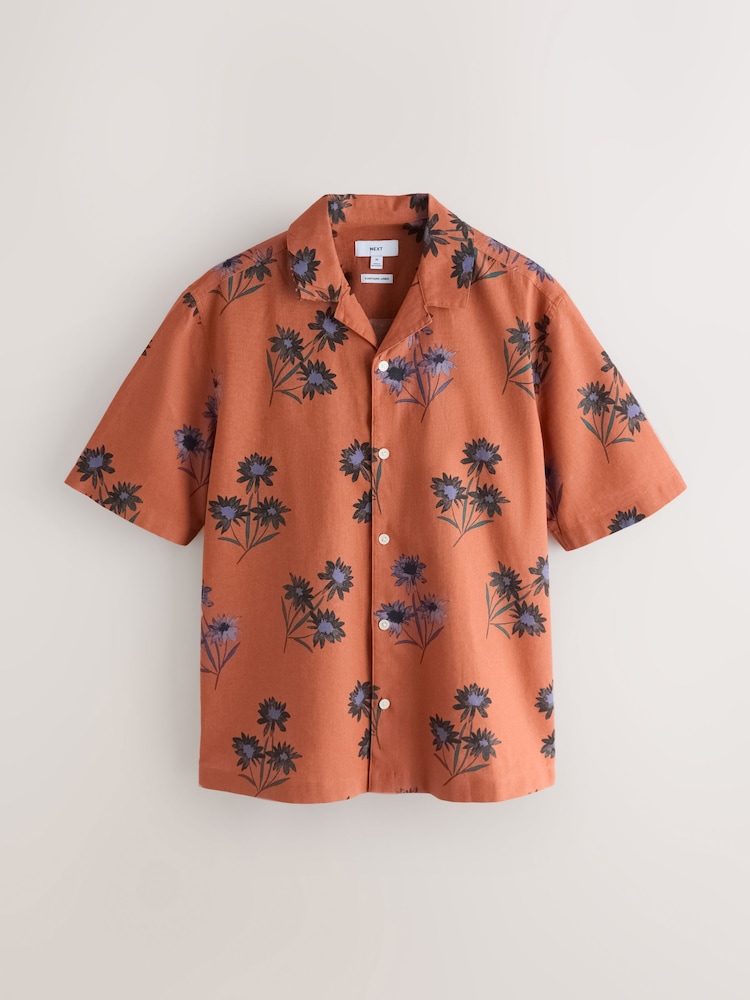 Rust Red Floral Print Short Sleeve Shirt - Image 1 of 3 Rust Red Floral Print Short Sleeve Shirt - Image 1 of 3