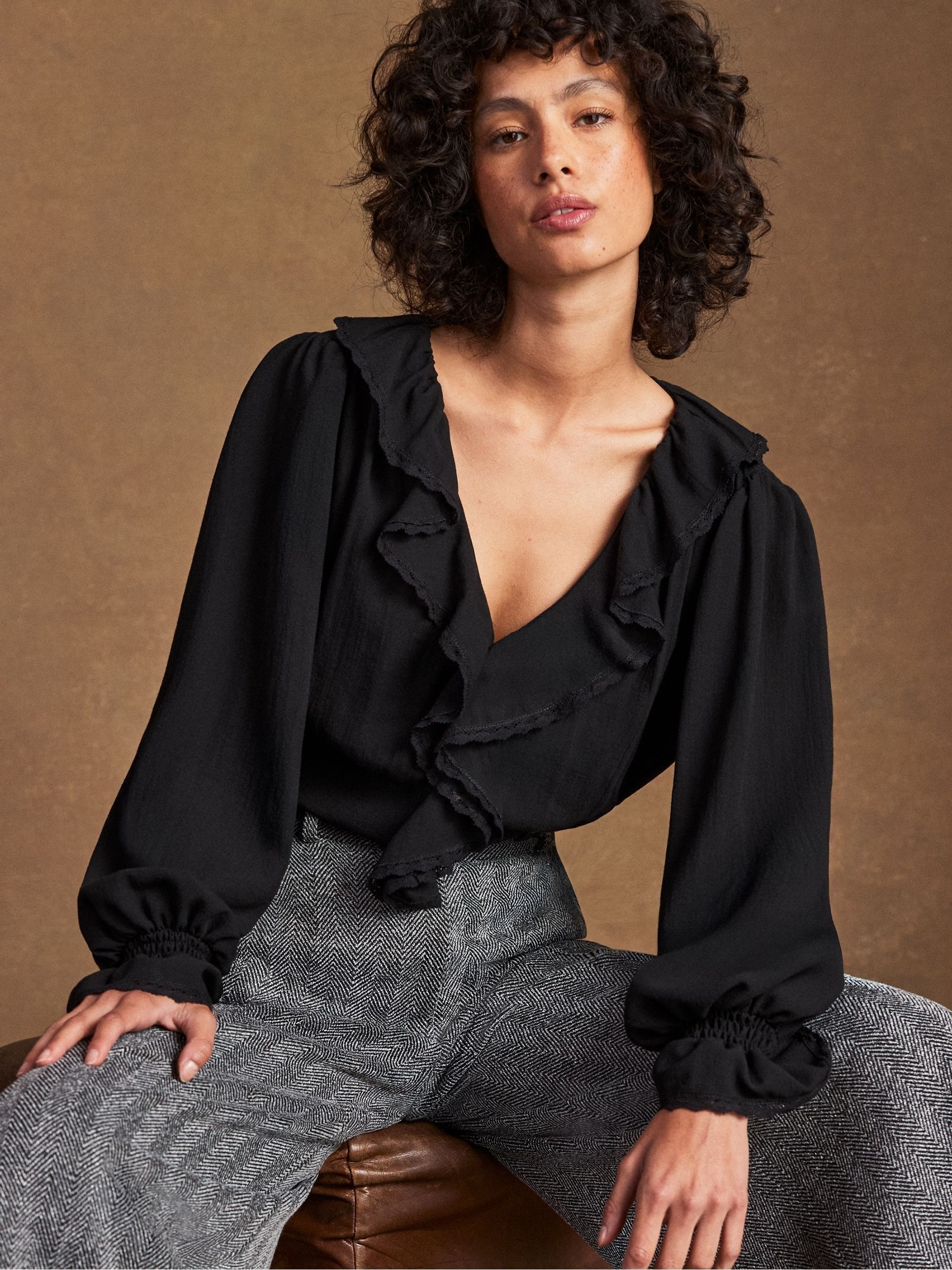 トップス rugal Buy Ro&Zo Black Check Ruffle Front Trim Detail Blouse from Next Canada