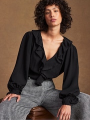 Ro&Zo Black Ruffle Front Trim Detail Blouse - Image 1 of 6