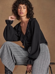 Ro&Zo Black Ruffle Front Trim Detail Blouse - Image 2 of 6