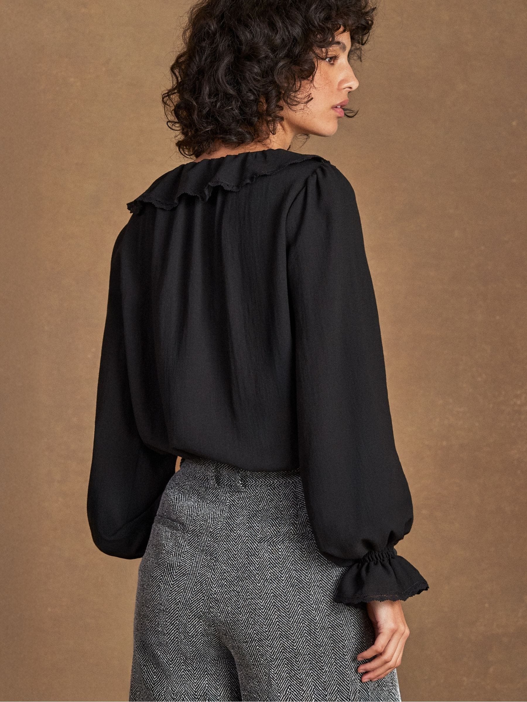 Buy Ro&Zo Black Check Ruffle Front Trim Detail Blouse from Next Canada