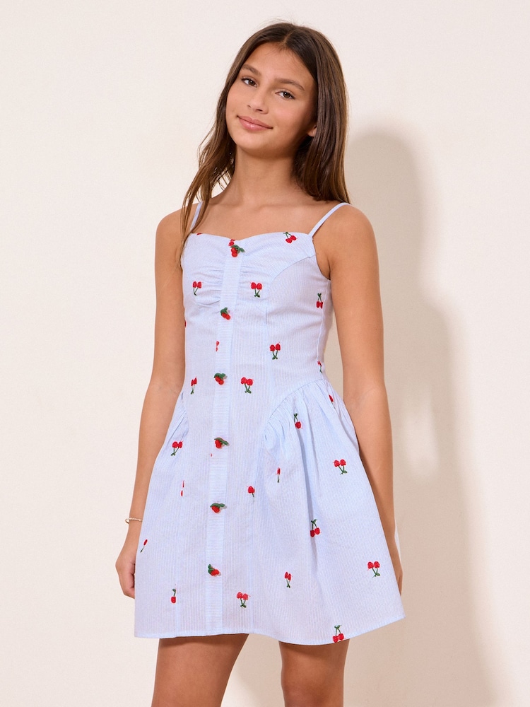 Lipsy Blue/White Teen Embroidered Cherry Pinstripe Dress (10-16yrs) - Image 1 of 5