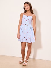 Lipsy Blue/White Teen Embroidered Cherry Pinstripe Dress (10-16yrs) - Image 2 of 5