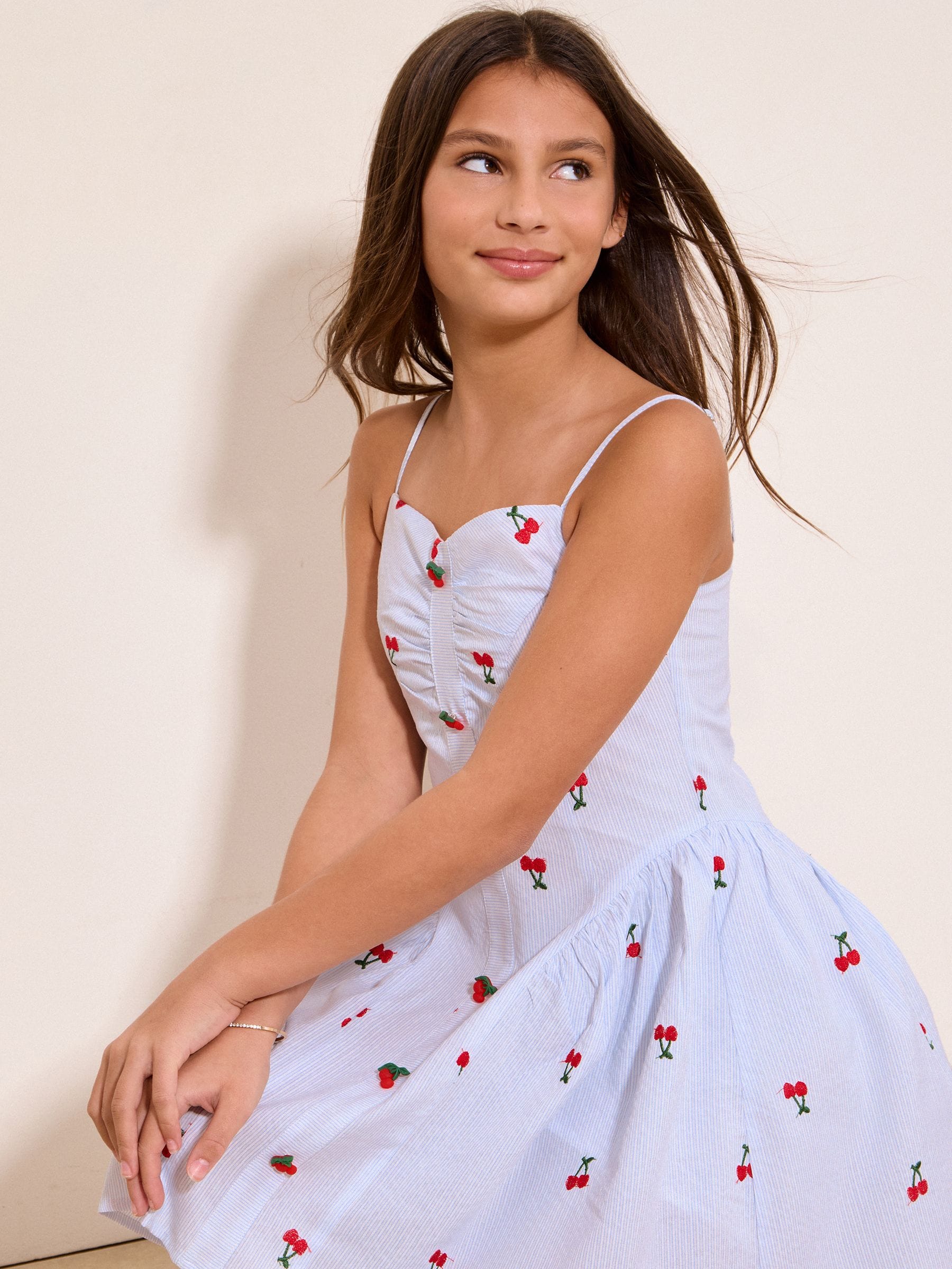 Buy Lipsy Blue/White Teen Embroidered Cherry Pinstripe Dress (10