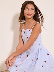 Lipsy Blue/White Teen Embroidered Cherry Pinstripe Dress (10-16yrs) - Image 3 of 5