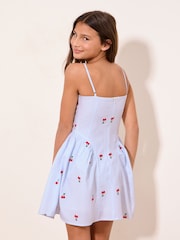 Lipsy Blue/White Teen Embroidered Cherry Pinstripe Dress (10-16yrs) - Image 4 of 5