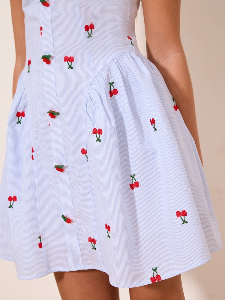 Lipsy Blue/White Teen Embroidered Cherry Pinstripe Dress (10-16yrs) - Image 5 of 5