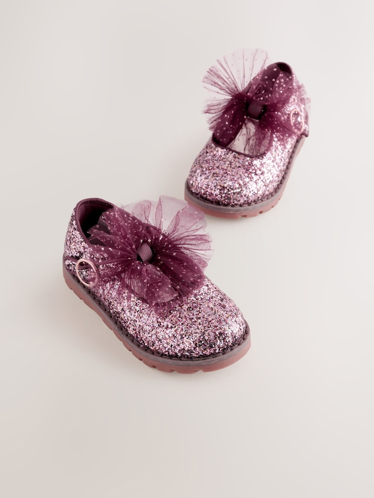 Burgundy Red Glitter Standard Fit (F) Chunky Bow Mary Jane Shoes - Image 1 of 5 Burgundy Red Glitter Standard Fit (F) Chunky Bow Mary Jane Shoes - Image 1 of 5