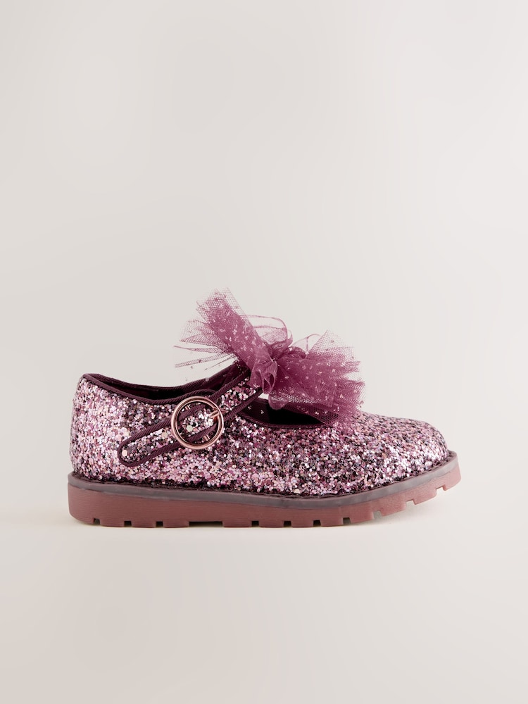 Burgundy Red Glitter Standard Fit (F) Chunky Bow Mary Jane Shoes - Image 2 of 5 Burgundy Red Glitter Standard Fit (F) Chunky Bow Mary Jane Shoes - Image 2 of 5