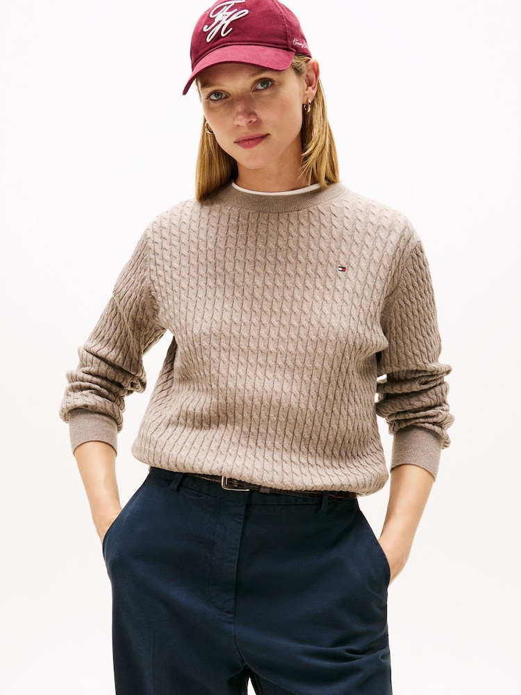 Tommy Hilfiger Natural Fine Cable Knit Crew Neck Jumper - Image 1 of 4 Tommy Hilfiger Natural Fine Cable Knit Crew Neck Jumper - Image 1 of 4