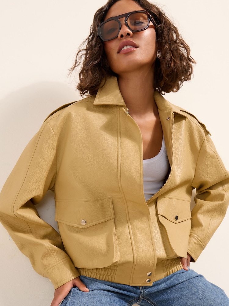 Friends Like These Buttermilk Yellow Faux Leather Bomber Jacket - Image 1 of 5 Friends Like These Buttermilk Yellow Faux Leather Bomber Jacket - Image 1 of 5