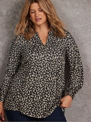 Live Unlimited Black Petite Feather Print Nehru Collar Tunic - Image 2 of 4