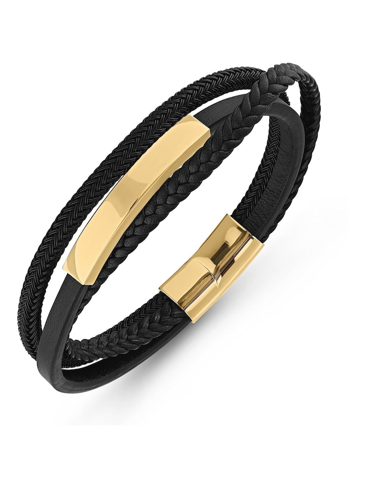 Beaverbrooks Yellow Gold Plated Leather Mens Bracelet - Image 1 of 4 Beaverbrooks Yellow Gold Plated Leather Mens Bracelet - Image 1 of 4