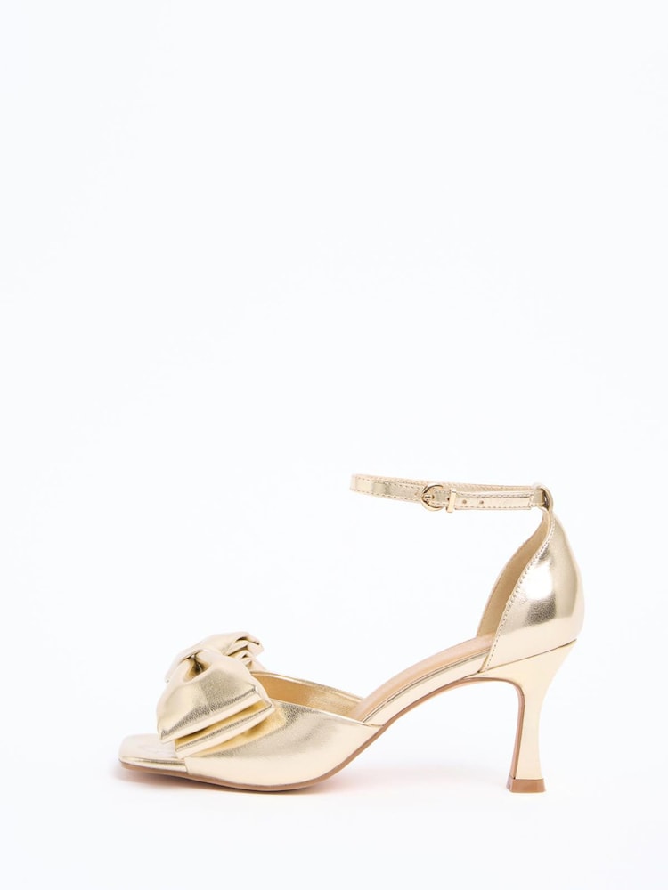 金色人造皮革 - Friends Like These Bow Detail Mid Flared Heeled Occasion Sandals - 圖片 5/5
