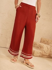 Love & Roses Rust Crop Linen Blend Ric Rac Trim Trousers - Image 1 of 5