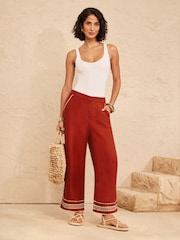 Love & Roses Rust Crop Linen Blend Ric Rac Trim Trousers - Image 3 of 5
