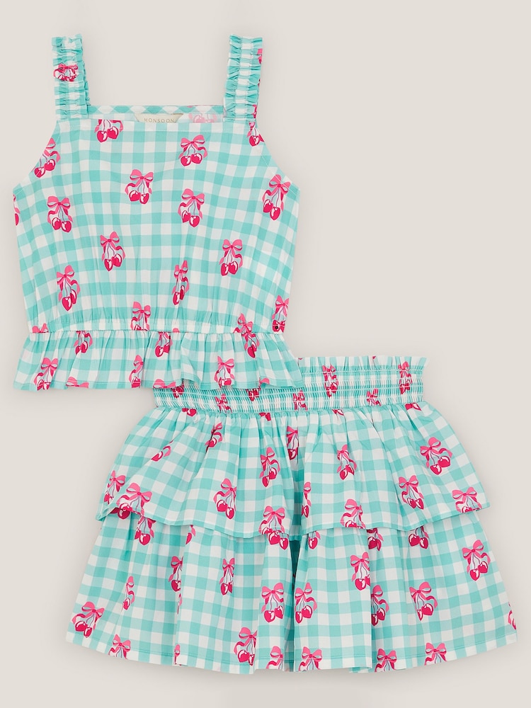 Monsoon Green Gingham Cherry Skirt Set - Image 1 of 3 Monsoon Green Gingham Cherry Skirt Set - Image 1 of 3