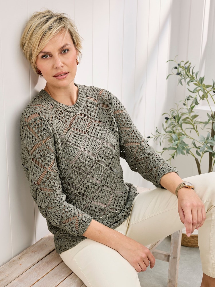 Cotton Traders Green Pointelle Jumper - Image 1 of 4 Cotton Traders Green Pointelle Jumper - Image 1 of 4