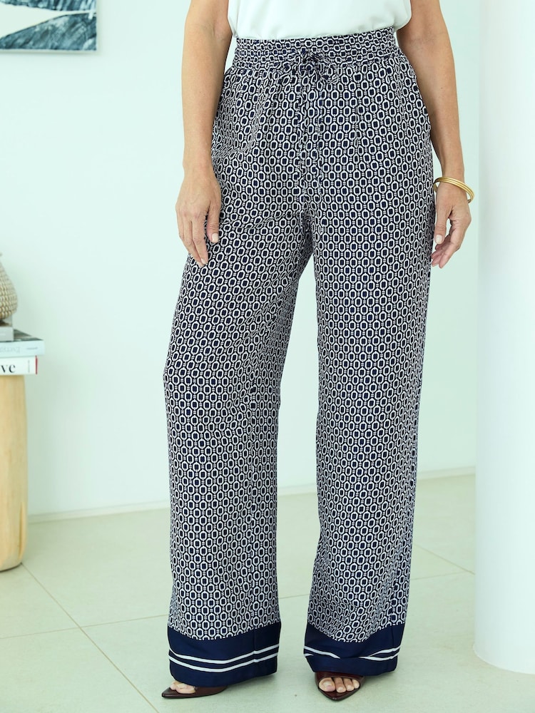 Cotton Traders Blue Print Wide Leg Pull On Trousers - Image 1 of 4 Cotton Traders Blue Print Wide Leg Pull On Trousers - Image 1 of 4