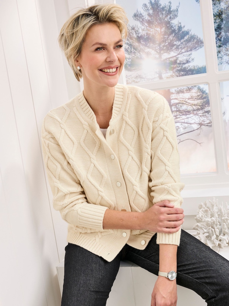 Cotton Traders Nude Cable Knitted Bomber Cardigan - Image 1 of 4 Cotton Traders Nude Cable Knitted Bomber Cardigan - Image 1 of 4
