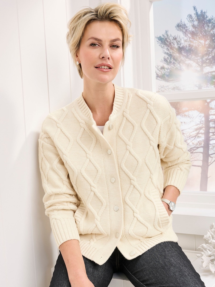 Cotton Traders Nude Cable Knitted Bomber Cardigan - Image 2 of 4 Cotton Traders Nude Cable Knitted Bomber Cardigan - Image 2 of 4